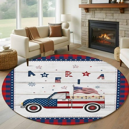 Independence American Flag Truck with Wooden Stripes Round Area Rug 6 FT  Non Slip Bedroom Area Rug  Blue Red Checker Buffalo Circular Carpet Floor Ma