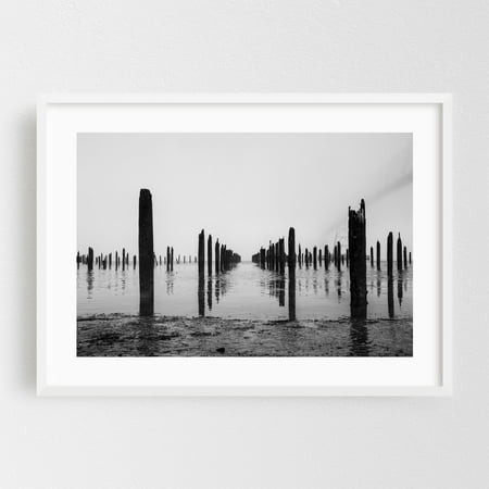 Dark Path Into Water - Astoria Oregon Photography Black and White Minimalist Foggy Bridge Seascape Abstract Moody White Framed Wall Art Print 20 X 30 