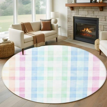 Blue Pink Plaid Round Area Rug 6 FT  Non Slip Bedroom Area Rug  Pastel Green White Buffalo Patchwork Washable Soft Circular Carpet Floor Mat for Kitch