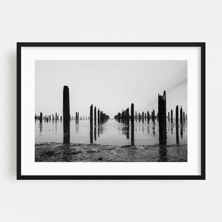 Dark Path Into Water - Astoria Oregon Photography Black and White Minimalist Foggy Bridge Seascape Abstract Moody Black Framed Wall Art Print 24 X 36 