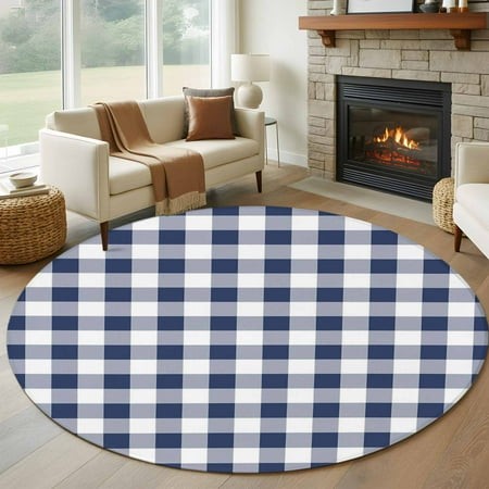 Navy Blue White Plaid Round Area Rug 6 FT  Non Slip Bedroom Area Rug  Farmhouse Checkered Buffalo Washable Soft Circular Carpet Non-Shedding Floor Mat