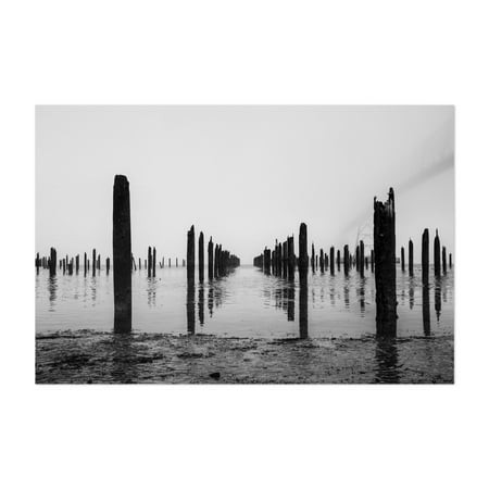 Dark Path Into Water - Astoria Oregon Photography Black and White Minimalist Foggy Bridge Seascape Abstract Moody Unframed Wall Art Print 40 X 60 Inch