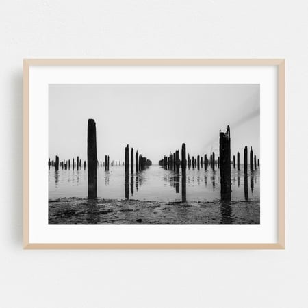 Dark Path Into Water - Astoria Oregon Photography Black and White Minimalist Foggy Bridge Seascape Abstract Moody Oak Framed Wall Art Print 16 X 24 In
