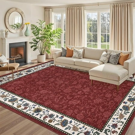 Yesurprise 6229 | Ultra-Soft 8x10 Modern Floral Area Rugs - Non-Slip  Washable  Stain Resistant for Living Room  Bedroom  Home Office - Red