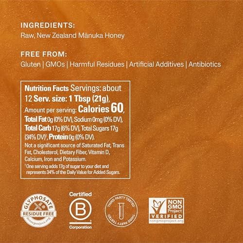 Manukora Raw Manuka Honey MGO 1000+, New Zealand Honey, Superfood, 2000+ Natural Compounds, Non-GMO, Monofloral, 3rd-Party Tested, Glyphosate Residue  thumbnail