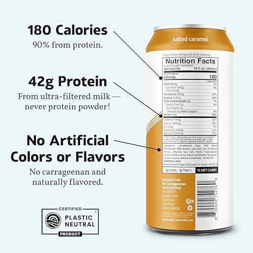 Slate Milk -Ultra Protein Shake-Salted Caramel-42g Protein,1g Sugar,180 Calories,1g Net Carbs-Lactose Free,No Added Sugar-Made with Ultra Filtered Mil thumbnail