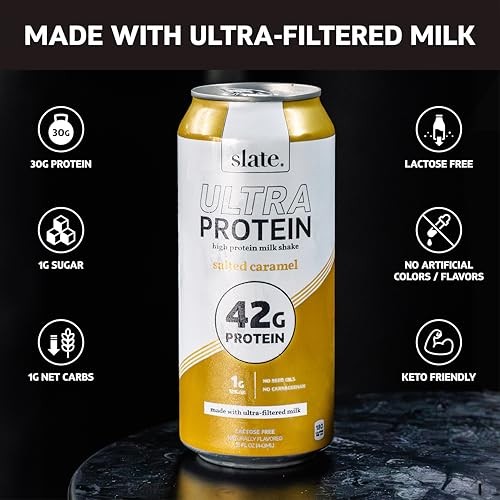 Slate Milk -Ultra Protein Shake-Salted Caramel-42g Protein,1g Sugar,180 Calories,1g Net Carbs-Lactose Free,No Added Sugar-Made with Ultra Filtered Mil thumbnail