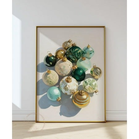 Elegant Winter Ornaments Wall Art  Vintage Print  Green & Gold Baubles Home Decor #2292  Stretched Canvas Size 16x24