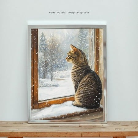 Farmhouse Winter Wall Art Winter Home Decor  Vintage Winter Decor  Rustic Winter Cat Art Print Home Decor #3252  Stretched Canvas Size 8x12