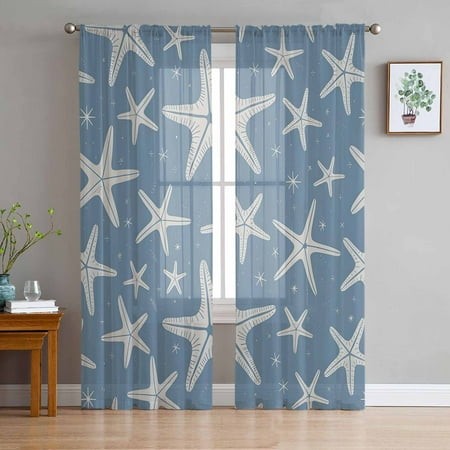 ERUNPONLY Starfish Sheer Curtains 84 Inch Length 2 Panels Set  Blue Ocean Coastal Marine Life Watercolor Voile Window Treatment Curtains Sheers Drapes
