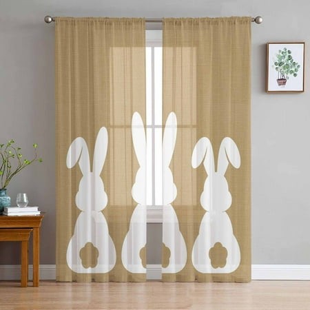ERUNPONLY Easter Bunny Sheer Curtains 72 Inch Length 2 Panels Set  Cute Rabbit Family Vintage Brown Abstract Voile Window Treatment Curtains Sheers Dr