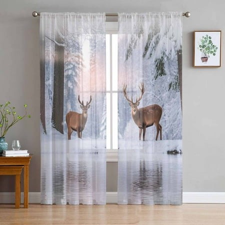 ERUNPONLY Christmas Sheer Curtains 63 Inch Length 2 Panels Set  Winter Elk Snowy Forest Sunset Natural Scenery Voile Window Treatment Curtains Sheers 