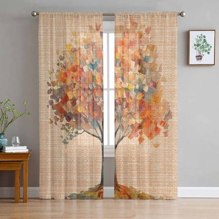 ERUNPONLY Fall Tree Modern Sheer Curtains 72 Inch Length 2 Panels Set  Abstract Art Oil Painting Autumn Retro Voile Window Treatment Curtains Sheers D