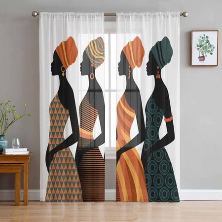 ERUNPONLY Black Women Sheer Curtains 84 Inch Length 2 Panels Set  Abstract Art Nation Orange Geometric Tribal Voile Window Treatment Curtains Sheers D