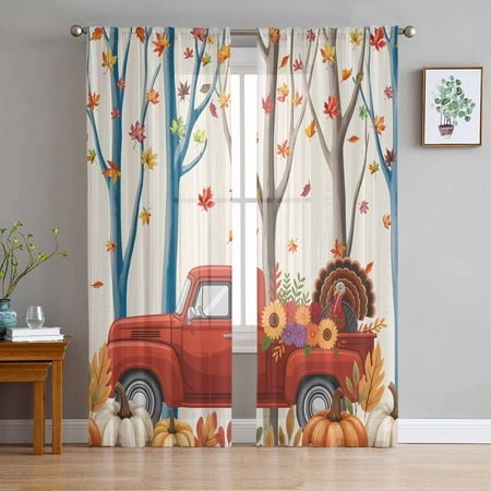 ERUNPONLY Fall Red Truck Sheer Curtains 63 Inch Length 2 Panels Set  Thanksgiving Pumpkin Maple Leaf Turkey Voile Window Treatment Curtains Sheers Dra