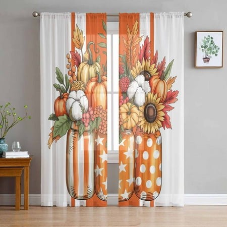 ERUNPONLY Burnt Orange Floral Sheer Curtains 84 Inch Length 2 Panels Set  Rustic Pumpkin Sunflower Botanical Striped Voile Window Treatment Curtains S