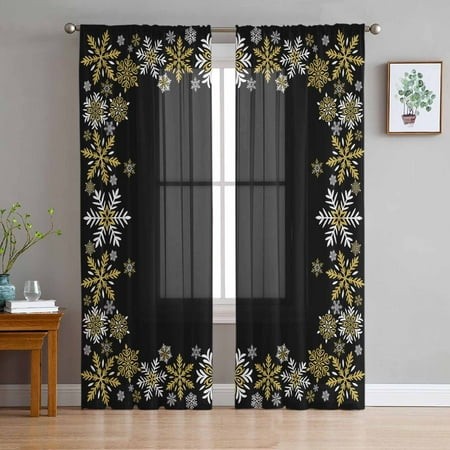 ERUNPONLY Christmas Black Sheer Curtains 63 Inch Length 2 Panels Set  Xmas White Golden Snowflakes Retro Rustic Voile Window Treatment Curtains Sheers