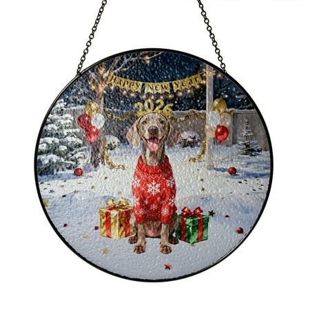 Happy New Year 2026 Weimaraner Holiday Balloons Party Snow Stained Glass Suncatcher Weim Gray Ghost Dog Lover Window Hanging Sign Decor - 13018