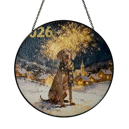 Weimaraner Happy New Year 2026 with Fireworks on New Year S Eve Stained Glass Suncatcher Weim Gray Ghost Dog Lover Window Hanging Sign Decor - 12022