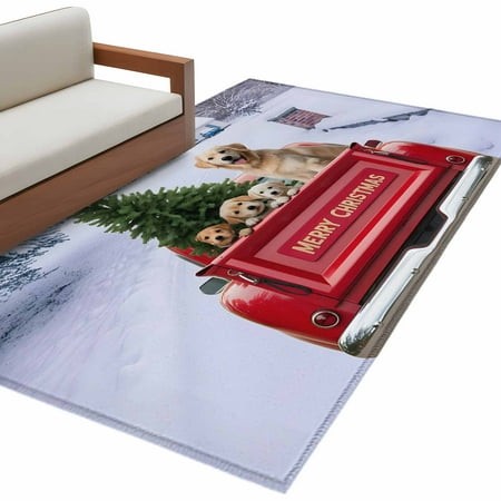 Christmas Dogs Area Rug 3x5ft Merry Christmas Trucks Tree Winter Snow Scene Non-Slip Washable Square Rugs Soft Felt Indoor Floor Mat for Bedroom Kitch