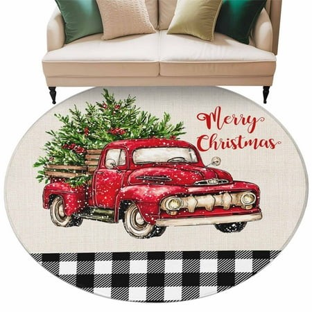 Merry Christmas Red Truck Round Area Rug 5ft Snowflakes Xmas Tree Black Plaid Non-Slip Washable Circle Rugs Soft Felt Indoor Floor Mat for Bedroom Kit