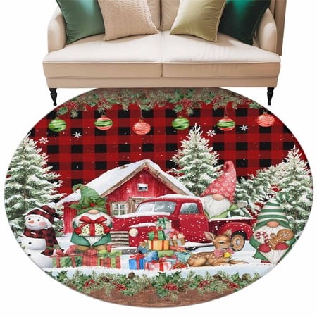 Snowman Elk Gnome Round Area Rug 5ft Truck Winter Christmas Tree Non-Slip Washable Circle Rugs Soft Felt Indoor Floor Mat for Bedroom Kitchen Living R