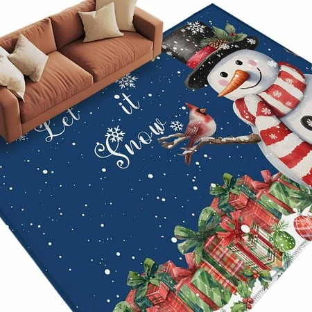 Christmas Snowman Area Rug 5x8ft Snowflake Gift Bird Winter Dark Blue Non-Slip Washable Square Rugs Soft Felt Indoor Floor Mat for Bedroom Kitchen Liv