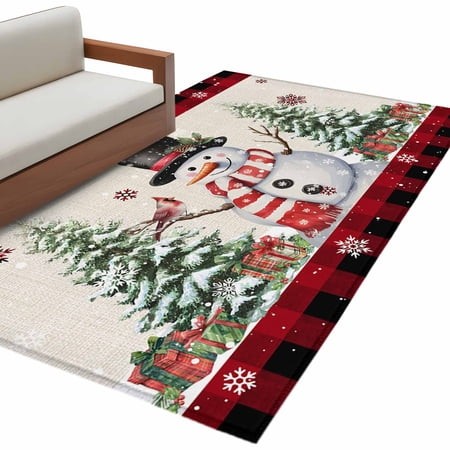 Christmas Snowman Area Rug 3x5ft Christmas Tree Snowflakes Red Plaid Linen Texture Non-Slip Washable Square Rugs Soft Felt Indoor Floor Mat for Bedroo