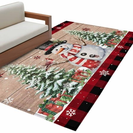 Christmas Snowman Area Rug 3x5ft Christmas Tree Snowflakes Red Plaid Wood Texture Non-Slip Washable Square Rugs Soft Felt Indoor Floor Mat for Bedroom