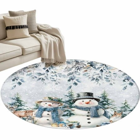 Winter Snowman Elk Squirrel Round Area Rug 4ft Christmas Tree Floral Leaves Non-Slip Washable Circle Rugs Soft Felt Indoor Floor Mat for Bedroom Kitch