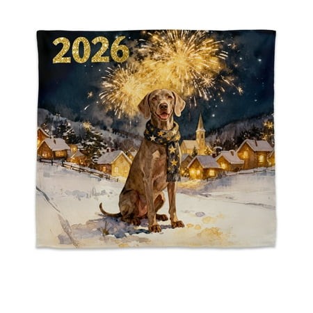 Weimaraner Happy New Year 2026 with Fireworks on New Year S Eve Tapestry Weim Gray Ghost Dog Lover Wall Hanging Backdrop Home Decor - 12022