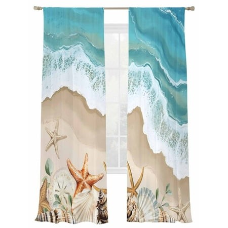 Summer Beach Sheer Curtains for Living Room Bedroom  Spray Ocean Waves Light Filtering Sheer Curtain Rod Pocket Voile Window Treaments Drapes  52 X 10