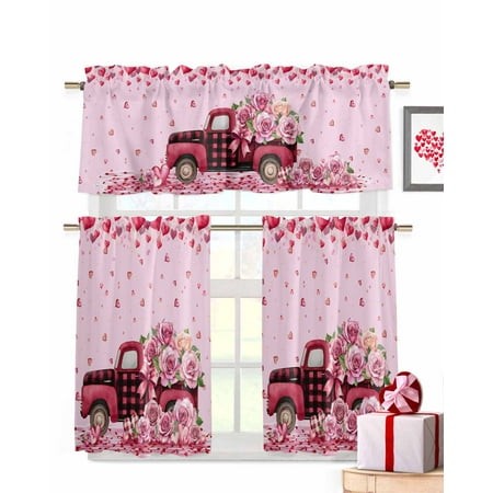 Valentine S Day Window Curtains Valance Set of 3 Romantic Pink Roses Floral on Truck Love Heart Pink Rod Pocket Small Kitchen Curtain  Soft Window Tre