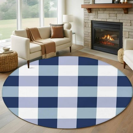 Navy Blue Plaid Round Area Rug 6 FT  Non Slip Bedroom Rugs  Spring Farmhouse Buffalo Checkered Washable Soft Circular Carpet Non-Shedding Floor Mat fo