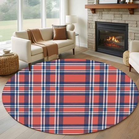 Orange Blue Round Area Rug 6 FT  Non Slip Bedroom Rugs  British Style Buffalo Plaid Lattice Washable Soft Circular Carpet Non-Shedding Floor Mat for K