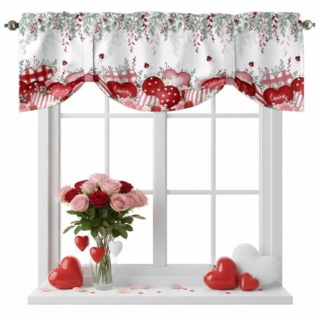 Valentine S Day Tie up Valance for Windows  Watercolor Red Pink Love Heart Roses Falling Leaf Adjustable Rod Pocket Tie up Valance Curtains Window Tre