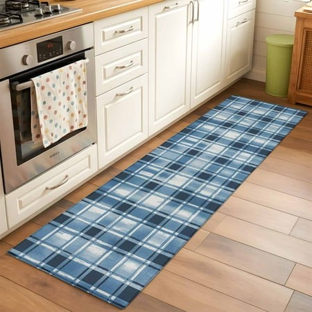 Runner Rug 2 X 6 Ft  Blue Plaid Washable Non-Slip Floor Mat for Kitchen Hallway/Entryway  Modern Simple Watercolor Buffalo Lattice Long Kitchen Runner