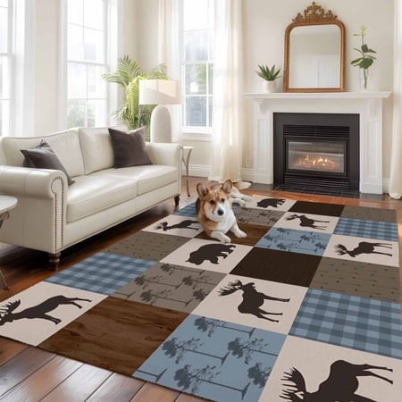 6 X9  Area Rugs  Blue Checkered Cabin Indoor Outdoor Area Rug for Living Room Bedroom  Farmhouse Forest Brown Buffalo Plaid Washable Bathroom Rugs Kit