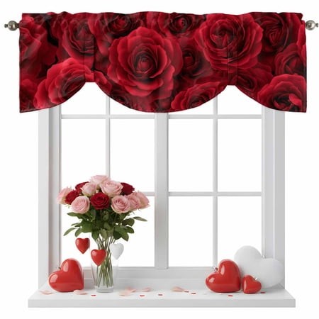 Valentine S Day Tie up Valance for Windows  Modern Romantic Dark Red Roses Petal Floral Plant Adjustable Rod Pocket Tie up Valance Curtains Window Tre