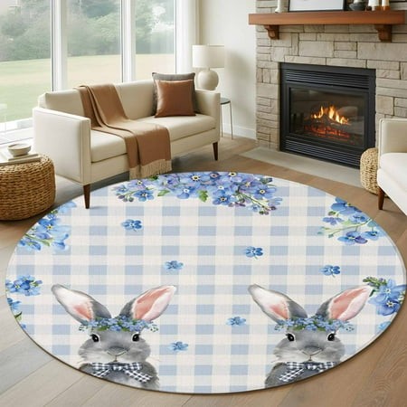 Round Area Rug 6 Ft  Easter Rabbit Washable Non-Slip Circle Carpet for Living Room/Bedroom  Spring Cute Bunny Blue Flowers Buffalo Plaid Low-Profile I