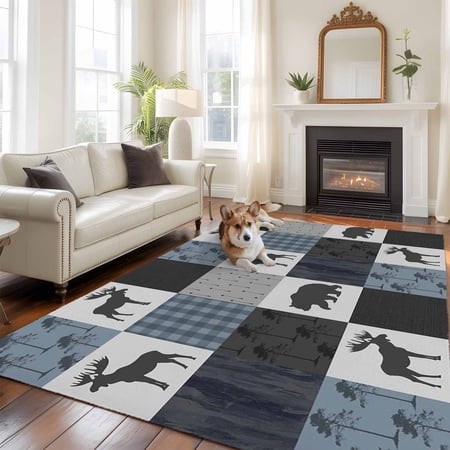 6 X9  Area Rugs  Blue Cabin Check Indoor Outdoor Area Rug for Living Room Bedroom  Rustic Bear Elk Farmhouse Buffalo Plaid Washable Bathroom Rugs Kitc
