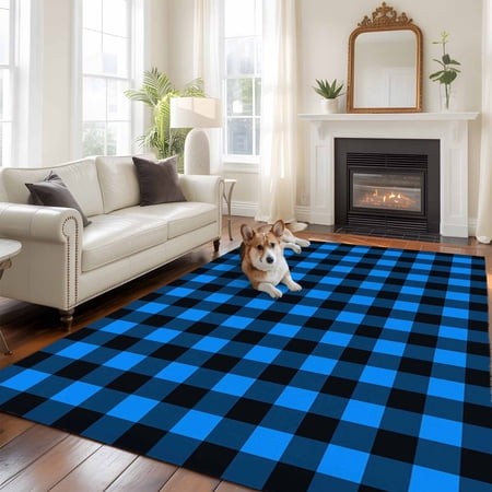 6 X9  Area Rugs  Black Blue Plaid Indoor Outdoor Area Rug for Living Room Bedroom  Country Buffalo Checked Gingham Washable Bathroom Rugs Kitchen Floo