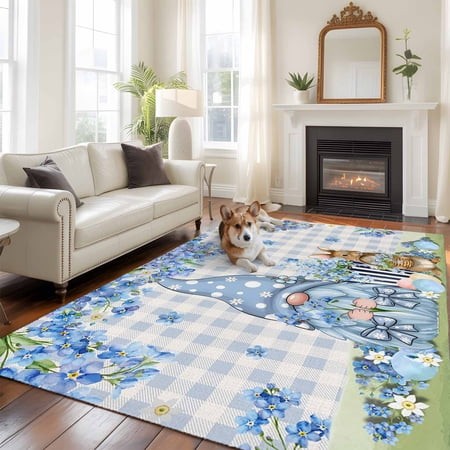 6 X9  Area Rugs  Easter Indoor Outdoor Area Rug for Living Room Bedroom  Spring Blue Gnomes Rabbit Eggs Floral Buffalo Plaid Washable Bathroom Rugs Ki