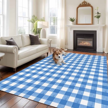 6 X9  Area Rugs  Blue Indoor Outdoor Area Rug for Living Room Bedroom  Country French Rustic Buffalo Plaid Modern Art Washable Bathroom Rugs Kitchen F