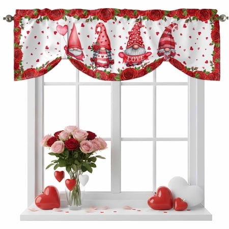 Valentine S Day Tie up Valance for Windows  Gnome Couple Romantic Red Love Heart Roses Floral Adjustable Rod Pocket Tie up Valance Curtains Window Tre