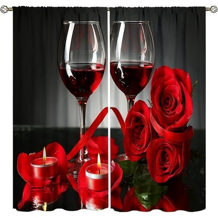 Red Rose and Wine Curtains Red Black Floral Romantic Burgundy Flower Curtain with Rod Pocket for Bedroom Living Room Dorm Home Decor Drapes Window Tre