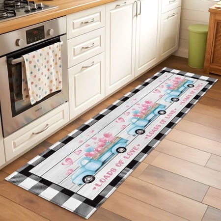 Runner Rug 2 X 6 Ft  Valentine S Day Washable Non-Slip Floor Mat for Kitchen Hallway/Entryway  Blue Love Truck Buffalo Plaid Romantic Wood Long Kitche
