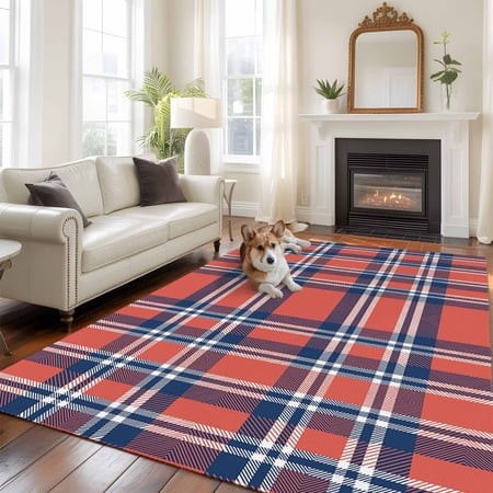6 X9  Area Rugs  Orange Blue Indoor Outdoor Area Rug for Living Room Bedroom  British Style Buffalo Plaid Lattice Washable Bathroom Rugs Kitchen Floor