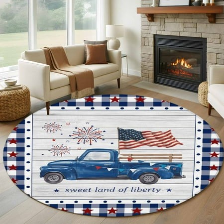Round Rugs 6 Ft  Independence Day Non Slip Area Rugs for Kitchen Bedroom Entryway  Blue Fireworks Flag Star Buffalo Plaid Washable Carpet Runner Rug F