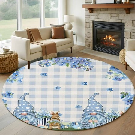 Round Area Rug 6 Ft  Easter Washable Non-Slip Circle Carpet for Living Room/Bedroom  Spring Blue Gnomes Rabbit Eggs Floral Buffalo Plaid Low-Profile I